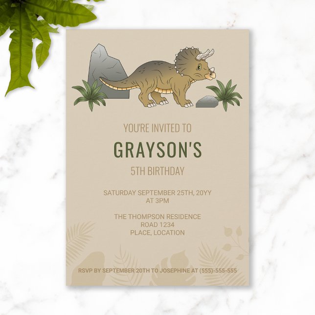 Triceratops Dinosaur Minimalist Beige Birthday Invitation (Creator Uploaded)