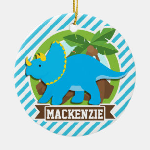 Triceratops Dinosaur; Sky Blue & White Stripes Ceramic Tree Decoration