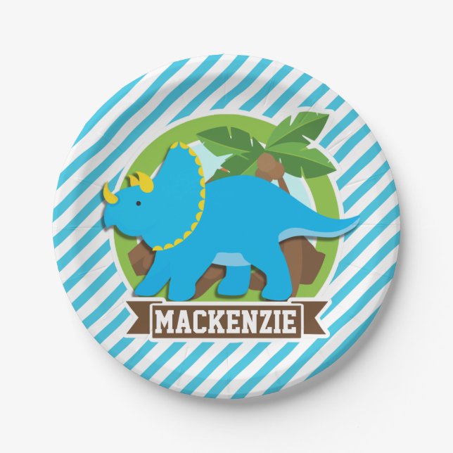 Triceratops Dinosaur; Sky Blue & White Stripes Paper Plate (Front)