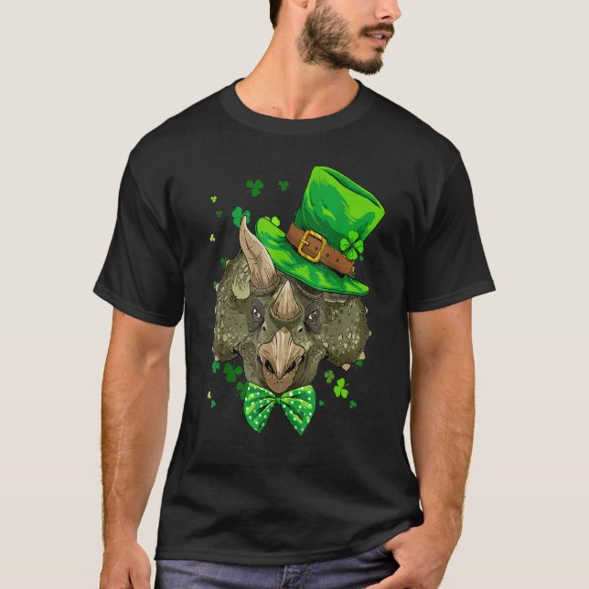 Triceratops Dinosaur St Patrick's Day Leprechaun S T-Shirt (Front)