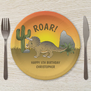 Triceratops Dinosaur Sunset Desert Kid's Birthday Paper Plate