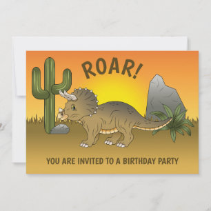 Triceratops Dinosaur Sunset In Desert Birthday Invitation