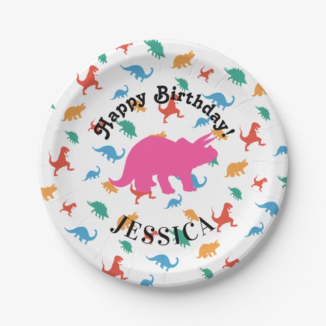 Triceratops Happy birthday Dinosaurus Add kid name Paper Plate (Front)