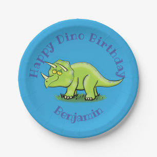 Triceratops happy dinosaur cartoon paper plate