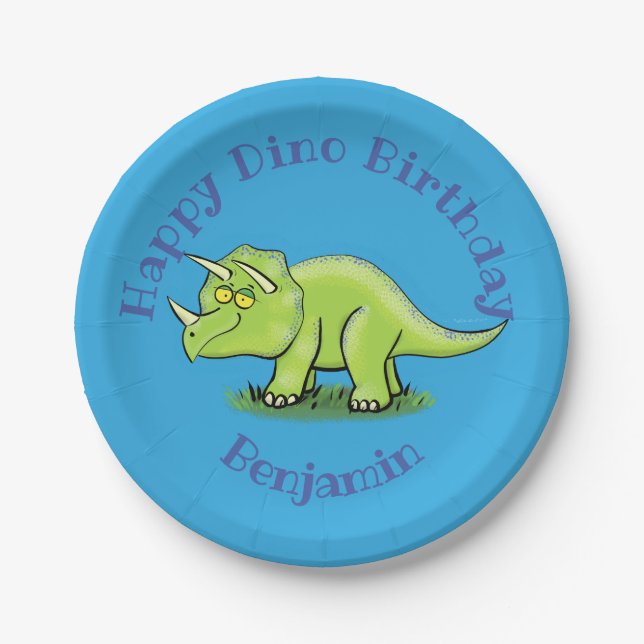 Triceratops happy dinosaur cartoon paper plate (Front)