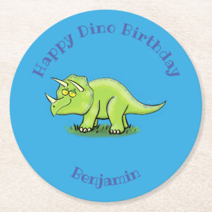 Triceratops happy dinosaur cartoon round paper coaster
