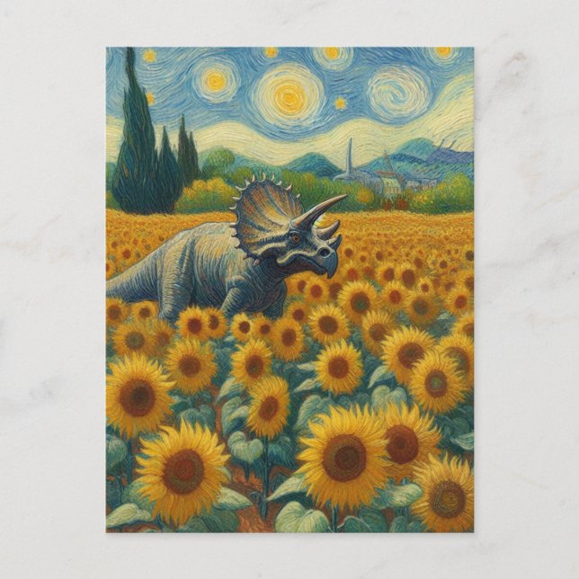 Triceratops in the Sunflower Field Van Gogh Postcard (Front)