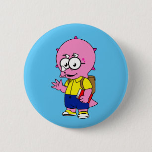 Triceratops Nerd With Backpack And Textbook. 6 Cm Round Badge