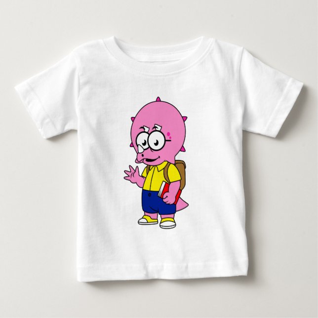 Triceratops Nerd With Backpack And Textbook. Baby T-Shirt (Front)