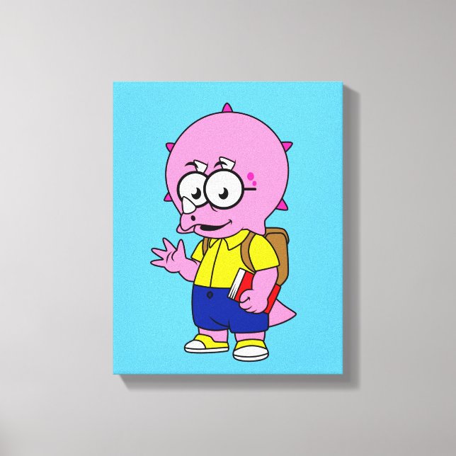 Triceratops Nerd With Backpack And Textbook. Canvas Print (Front)