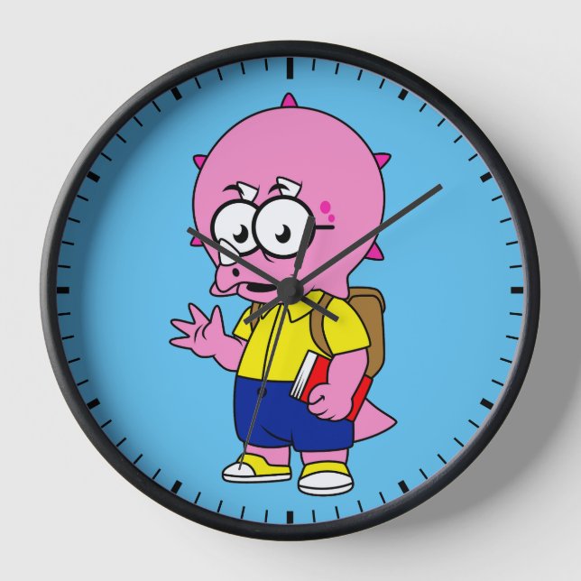 Triceratops Nerd With Backpack And Textbook. Clock (Front)