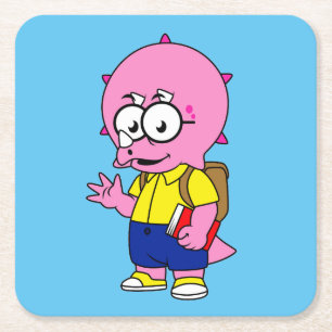 Triceratops Nerd With Backpack And Textbook. Square Paper Coaster