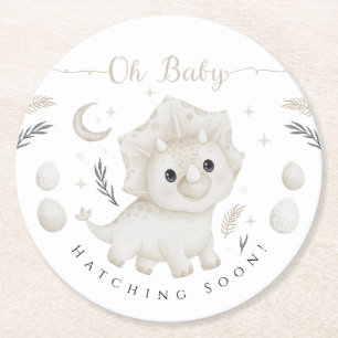 Triceratops Neutral Dinosaur Baby Shower Oh Baby Round Paper Coaster