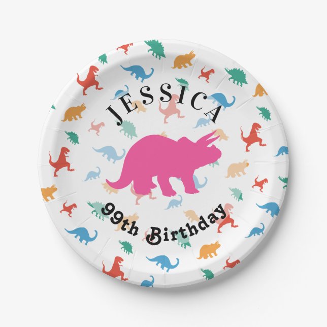 Triceratops Pink dinosaur colourful pattern  Paper Plate (Front)