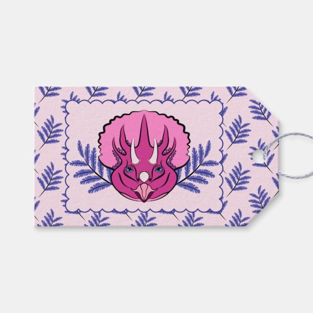 Triceratops Pretty Pink Dinosaur Gift Tags (Front (Horizontal))