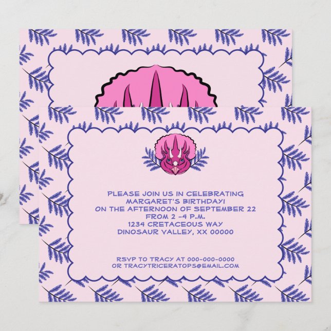 Triceratops Pretty Pink Dinosaur Girl Birthday Invitation (Front/Back)