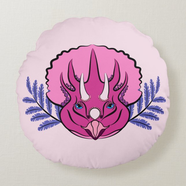 Triceratops Pretty Pink Dinosaur Round Cushion (Front)