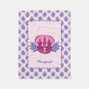 Triceratops Pretty Pink Dinosaur with Leaf Pattern Fleece Blanket