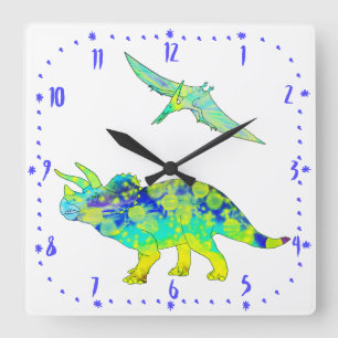 Triceratops Pterodactyl Green Psychedelic Dinosaur Square Wall Clock