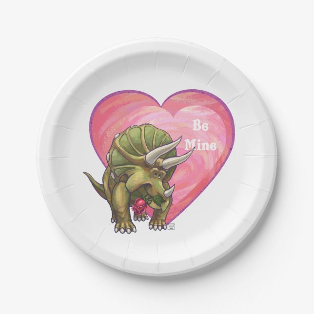 Triceratops Red Rose Heart Paper Plate (Front)