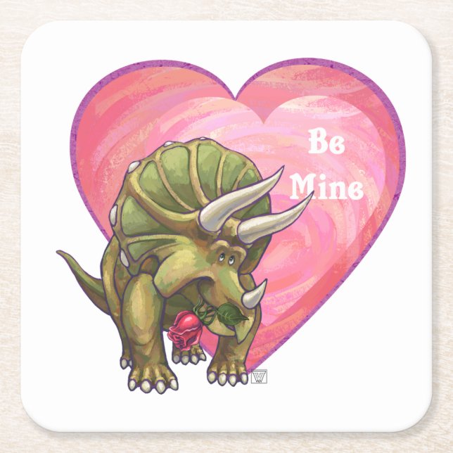 Triceratops Red Rose Heart Square Paper Coaster (Front)