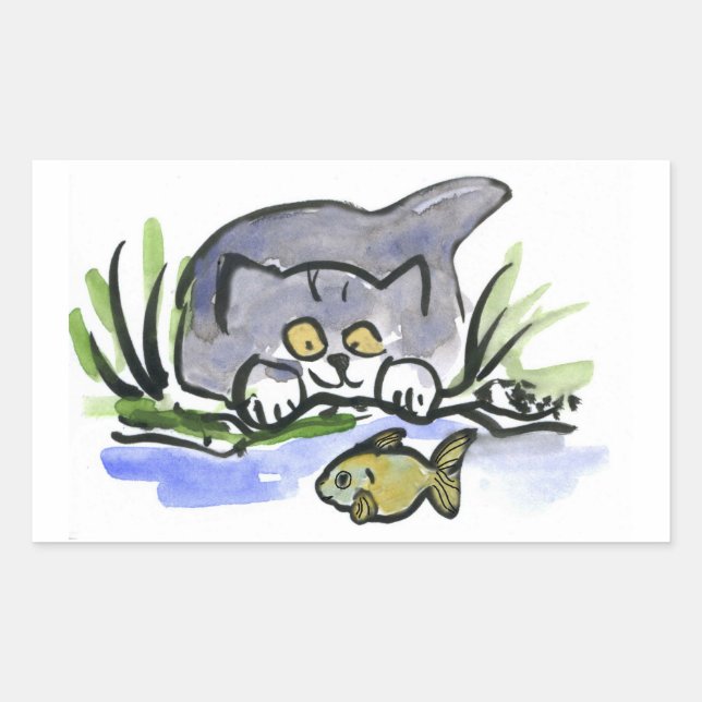 Tricia, grey kitten, Watches A Fish Rectangular Sticker (Front)