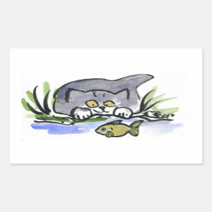 Tricia, grey kitten, Watches A Fish Rectangular Sticker