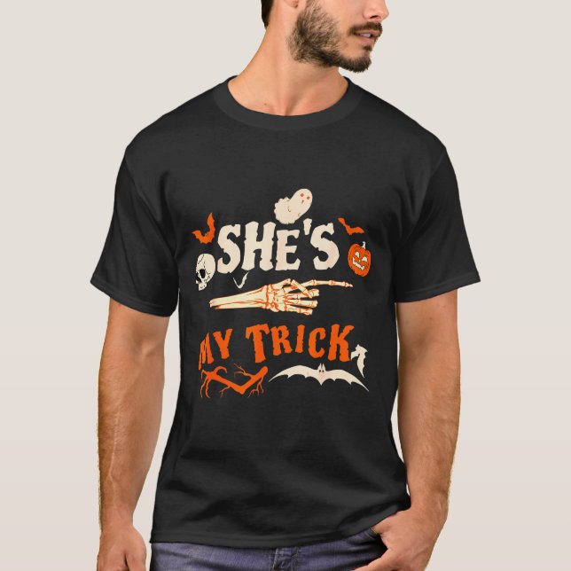 Trick Funny Skeleton Halloween Matching Couples T-Shirt (Front)