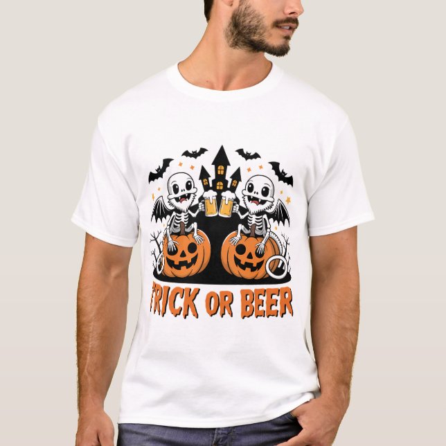 Trick or Beer Bat Dragons on Pumpkins T-Shirt (Front)