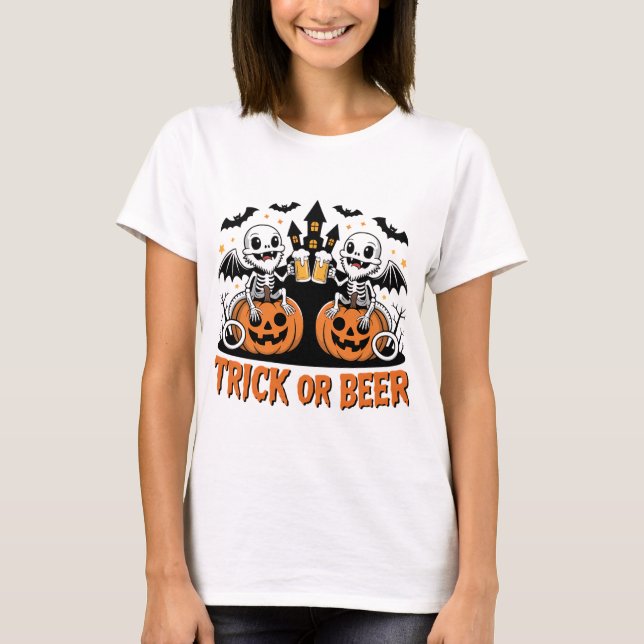 Trick or Beer Bat Dragons on Pumpkins T-Shirt (Front)