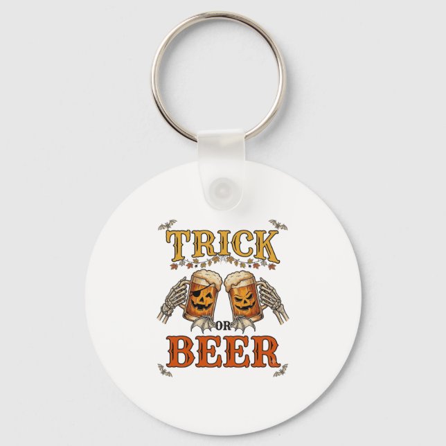 Trick Or Beer Halloween Pumpkin Mug Skeleton Hands Key Ring (Front)