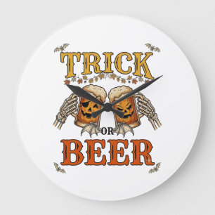 Trick Or Beer Halloween Pumpkin Mug Skeleton Hands Large Clock