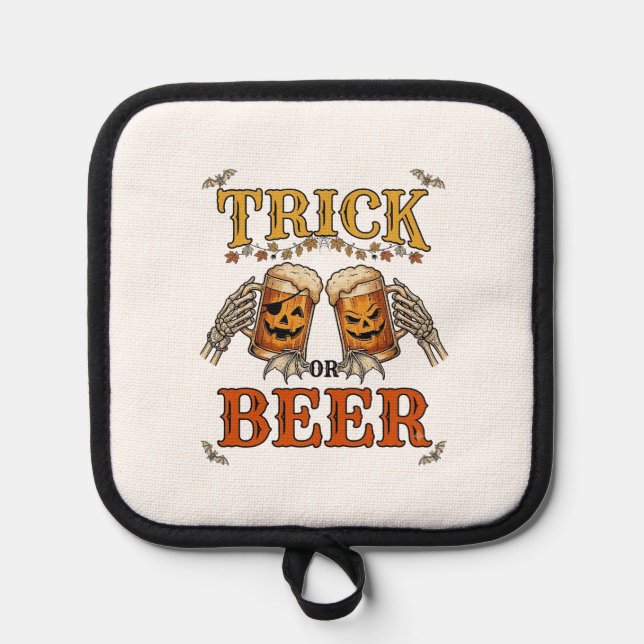Trick Or Beer Halloween Pumpkin Mug Skeleton Hands Pot Holder (Front)