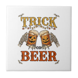 Trick Or Beer Halloween Pumpkin Mug Skeleton Hands Tile