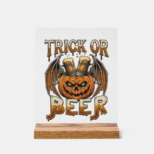 Trick Or Beer Halloween Pumpkin Skeleton Wings Mug Acrylic Sign