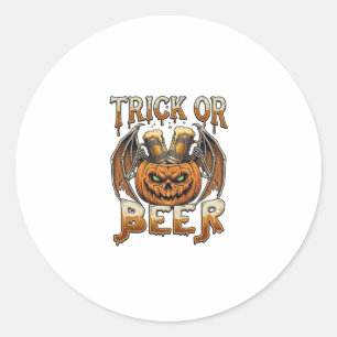 Trick Or Beer Halloween Pumpkin Skeleton Wings Mug Classic Round Sticker