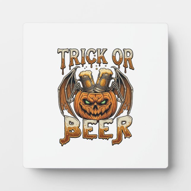 Trick Or Beer Halloween Pumpkin Skeleton Wings Mug Plaque (Front)