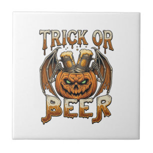 Trick Or Beer Halloween Pumpkin Skeleton Wings Mug Tile