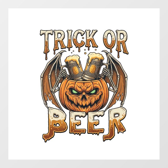 Trick Or Beer Halloween Pumpkin Skeleton Wings Mug Window Cling (Sheet)