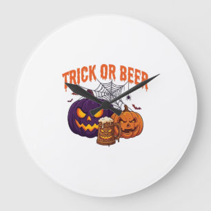 Trick Or Beer Halloween Pumpkins Mug Spider Web_1 Large Clock
