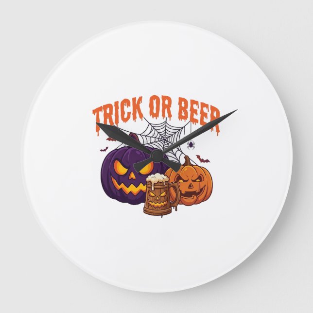 Trick Or Beer Halloween Pumpkins Mug Spider Web_1 Large Clock (Front)