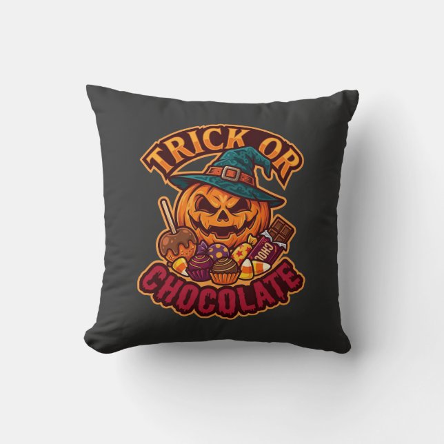 Trick Or Chocolate Halloween Pumpkin Witch Hat Can Cushion (Front)