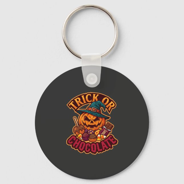 Trick Or Chocolate Halloween Pumpkin Witch Hat Can Key Ring (Front)