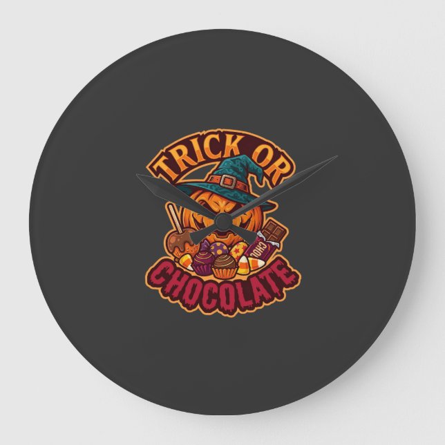 Trick Or Chocolate Halloween Pumpkin Witch Hat Can Large Clock (Front)