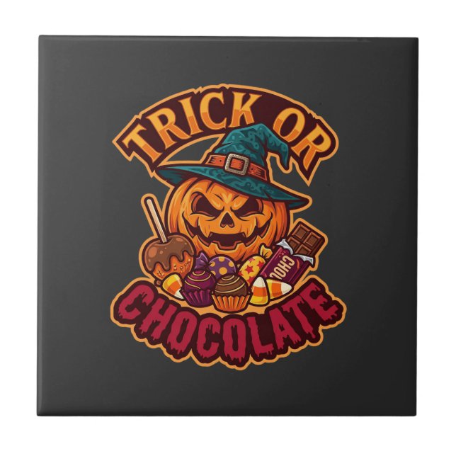 Trick Or Chocolate Halloween Pumpkin Witch Hat Can Tile (Front)