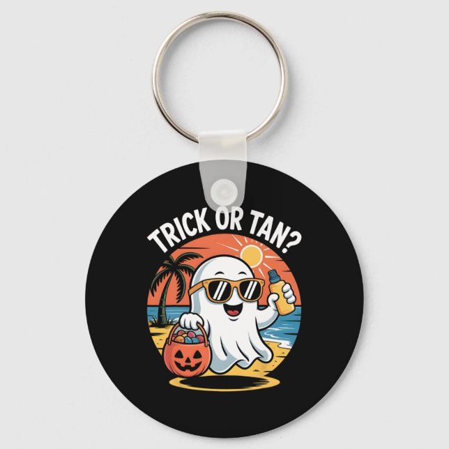 Trick Or Tan Funny Halloween Cute Ghost Beach Summ Key Ring (Front)