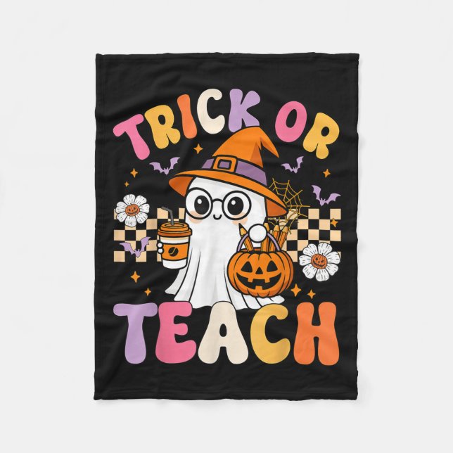 Trick Or Teach Cute Ghost Coffee Pumpkins Hallowee Fleece Blanket (Front)
