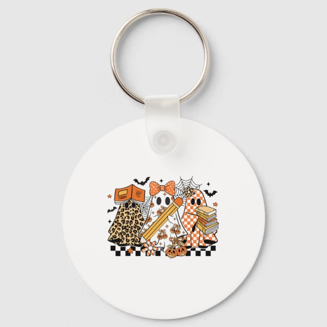 Trick Or Teach Ghost Teacher Halloween Retro Cherr Key Ring (Front)