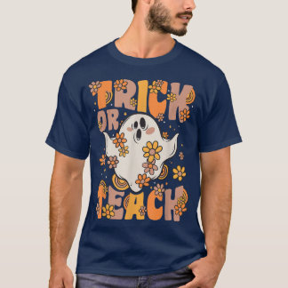 Trick Or Teach Groovy Ghost Vintage Flowers Hallow T-Shirt