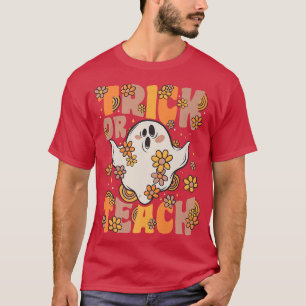 Trick Or Teach Groovy Ghost Vintage Flowers Hallow T-Shirt